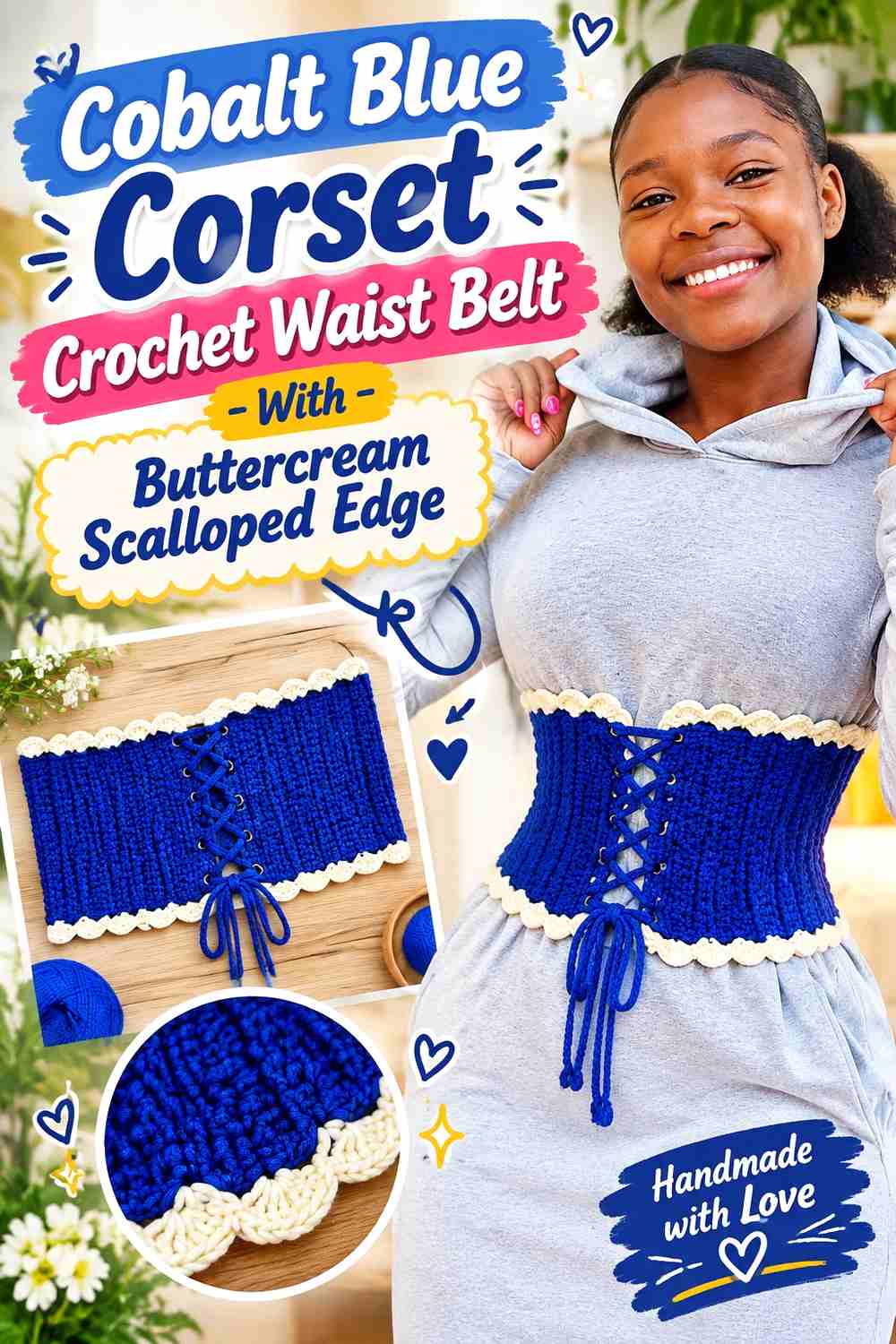 4. Cobalt Blue Corset Crochet Waist Belt With Buttercream Scalloped Edge