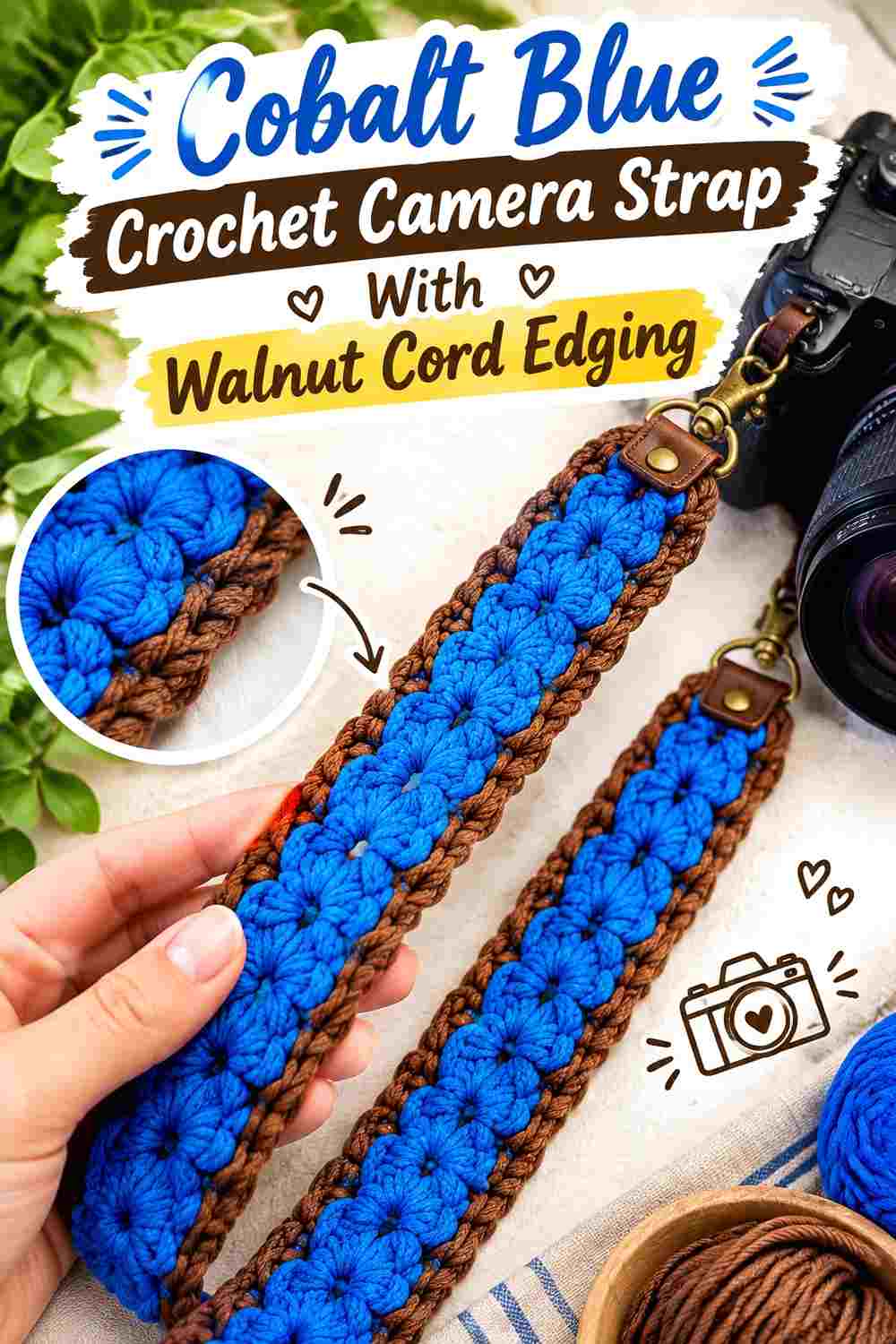 4. Cobalt Blue Crochet Camera Strap With Walnut Cord Edging