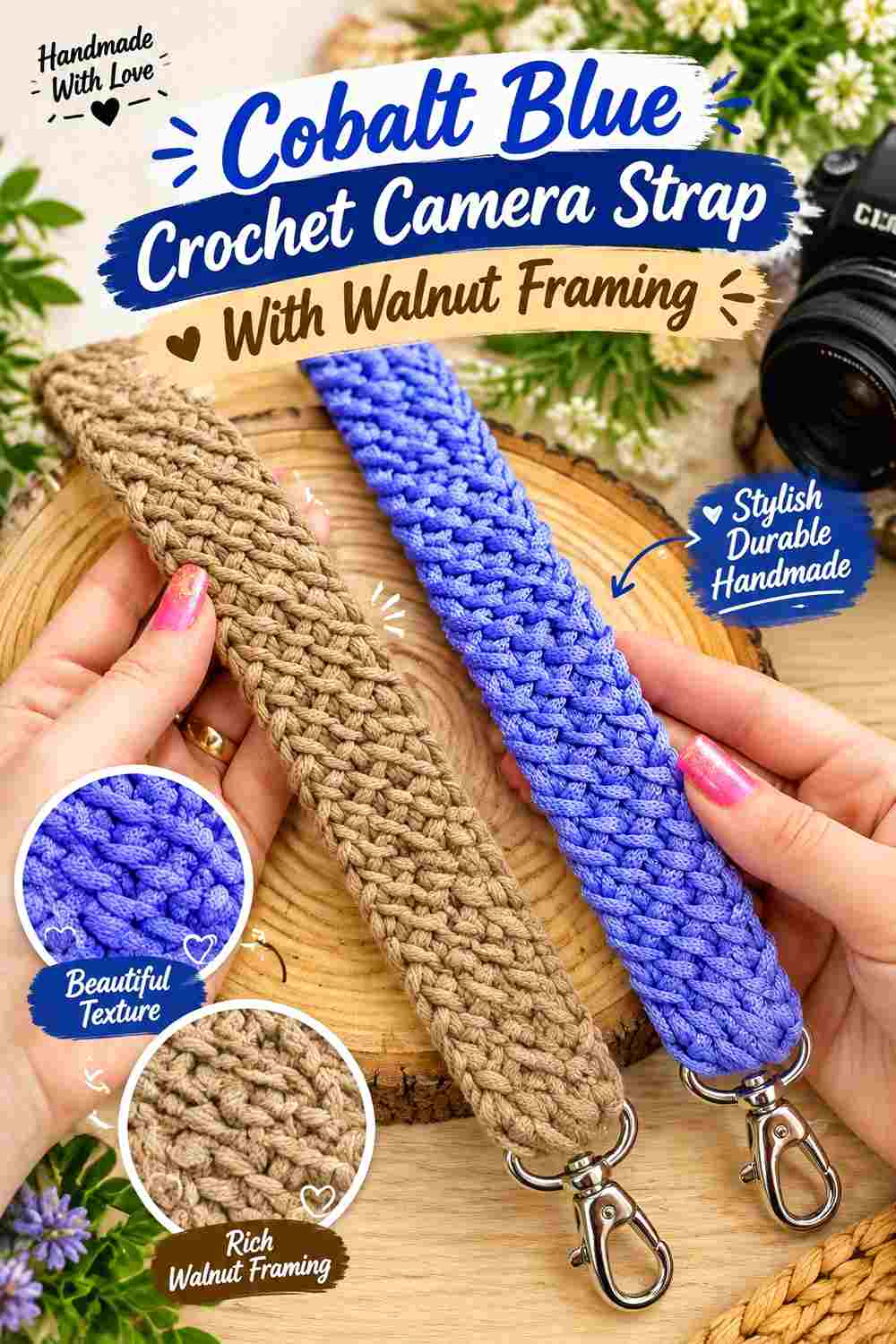 7. Cobalt Blue Crochet Camera Strap With Walnut Framing