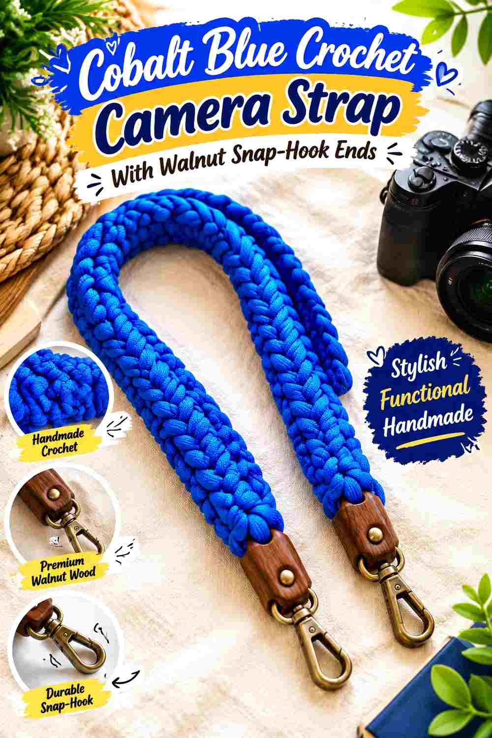 11. Cobalt Blue Crochet Camera Strap With Walnut Snap Hook Ends