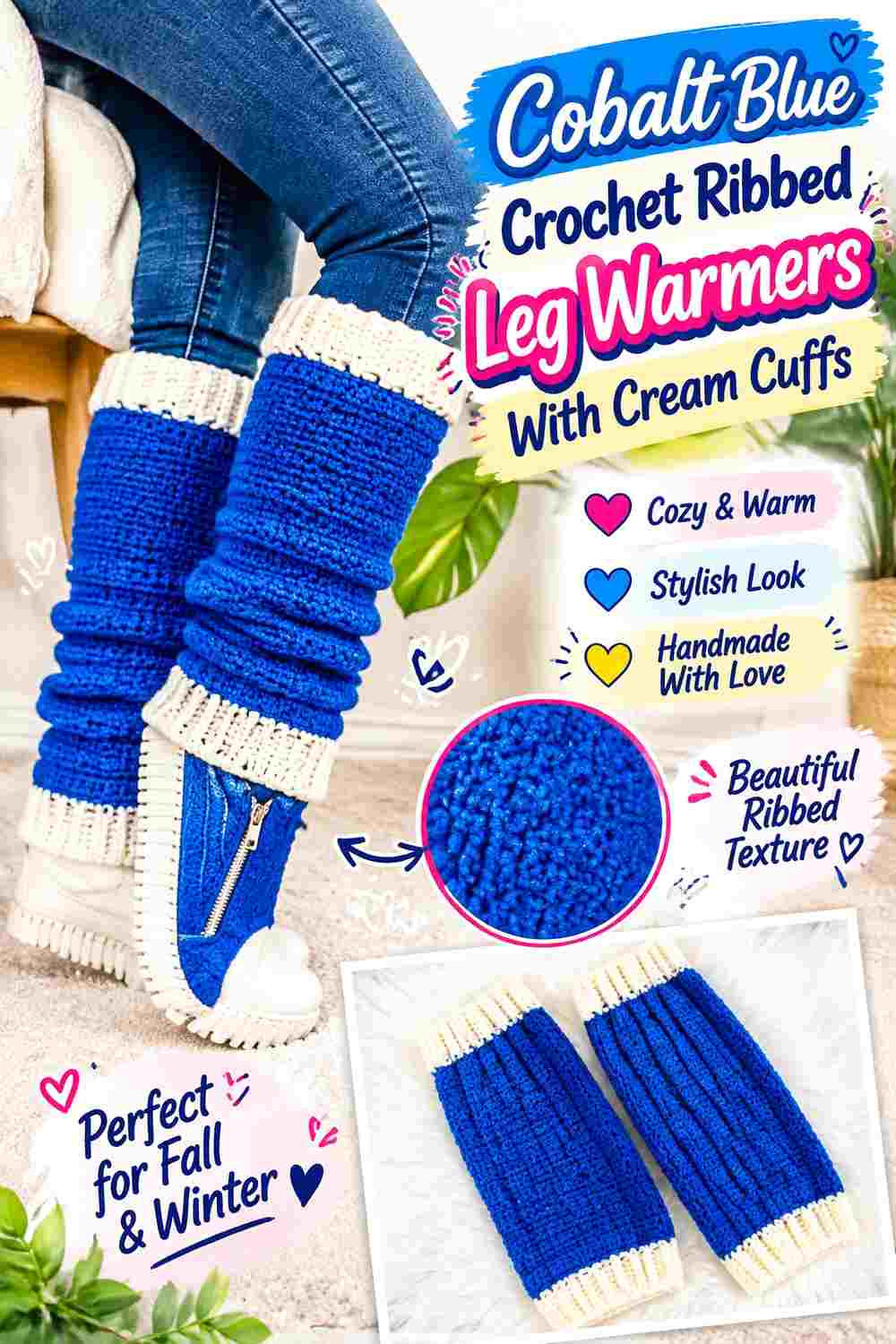 1. Cobalt Blue Crochet Ribbed Leg Warmers With Cream Cuffs