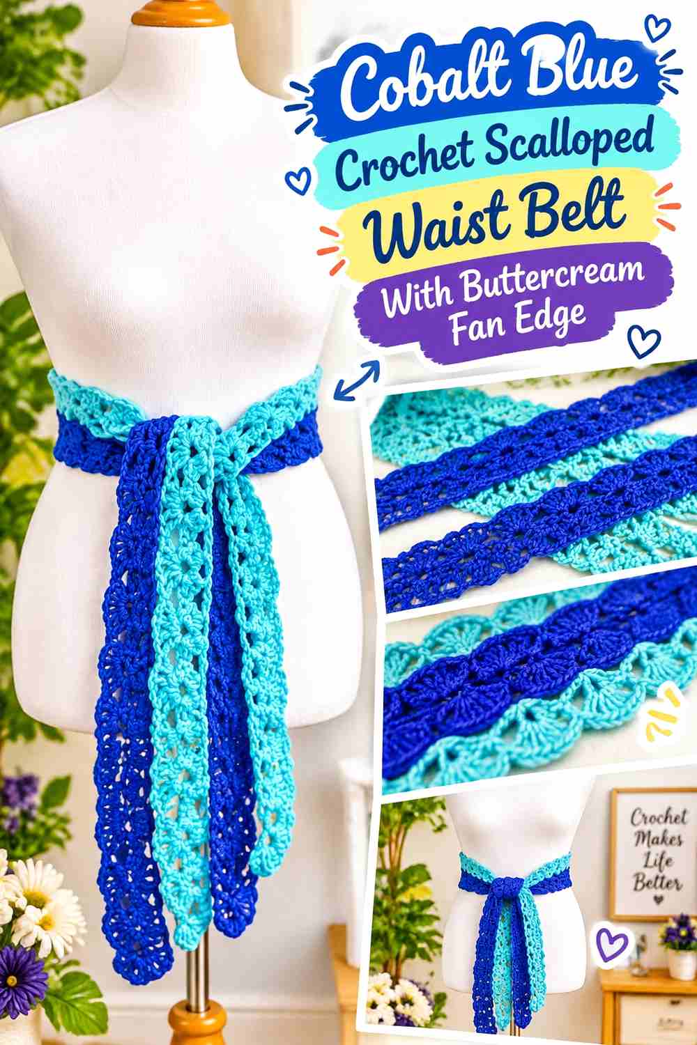 1. Cobalt Blue Crochet Scalloped Waist Belt With Buttercream Fan Edge