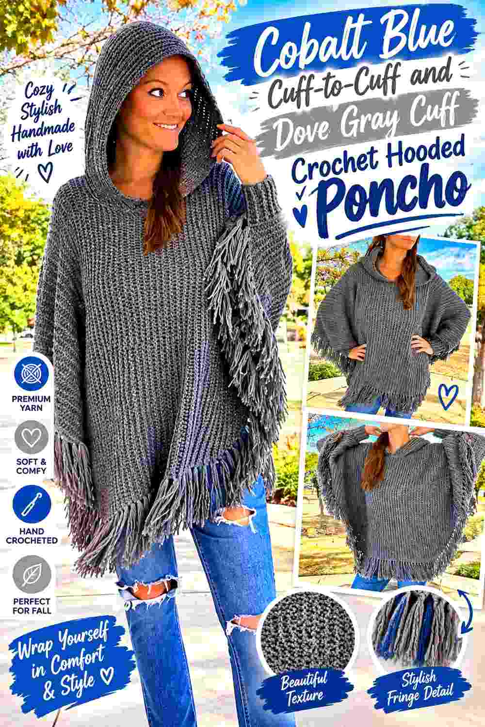14. Cobalt Blue Cuff To Cuff And Dove Gray Cuff Crochet Hooded Poncho