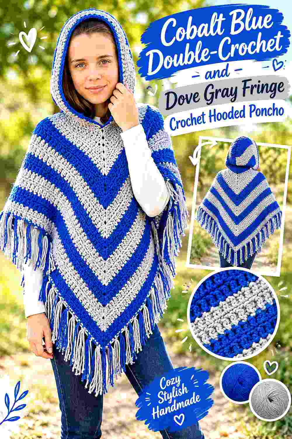 8. Cobalt Blue Double Crochet And Dove Gray Fringe Crochet Hooded Poncho