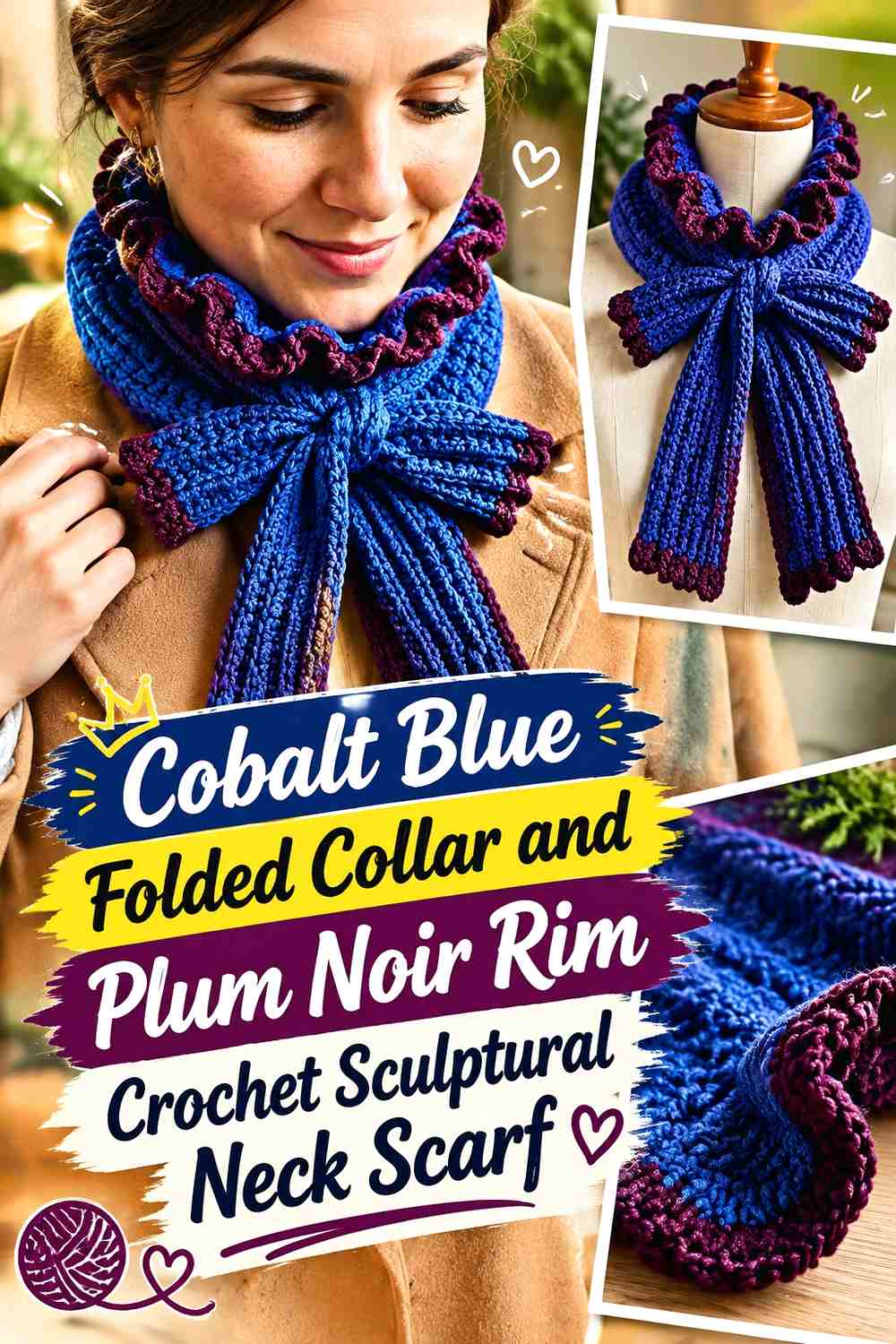 5. Cobalt Blue Folded Collar And Plum Noir Rim Crochet Sculptural Neck Scarf