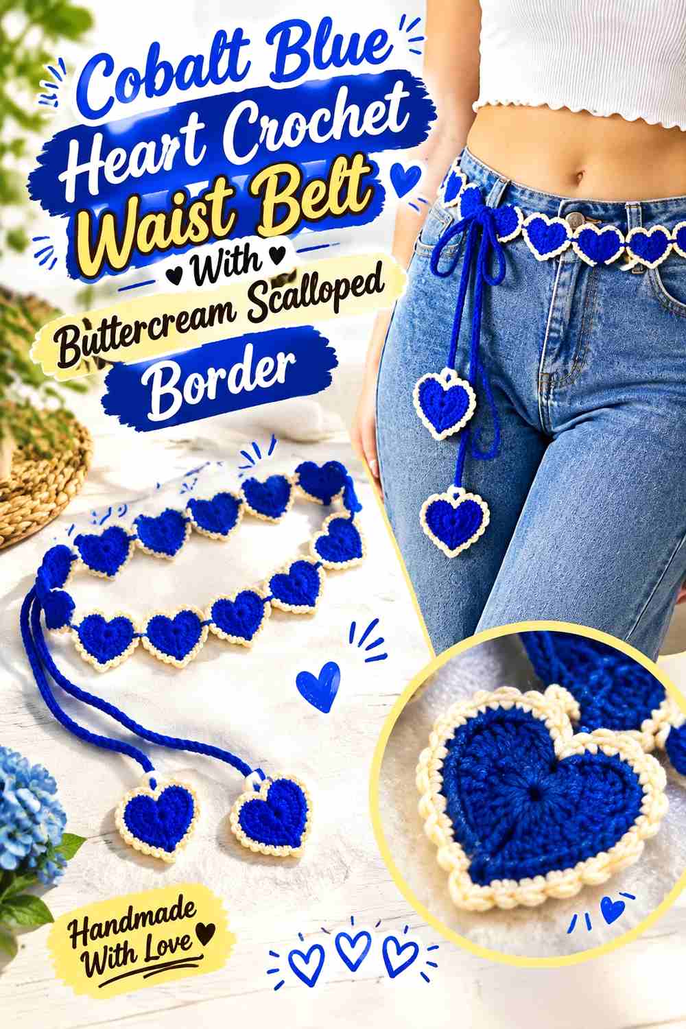 11. Cobalt Blue Heart Crochet Waist Belt With Buttercream Scalloped Border