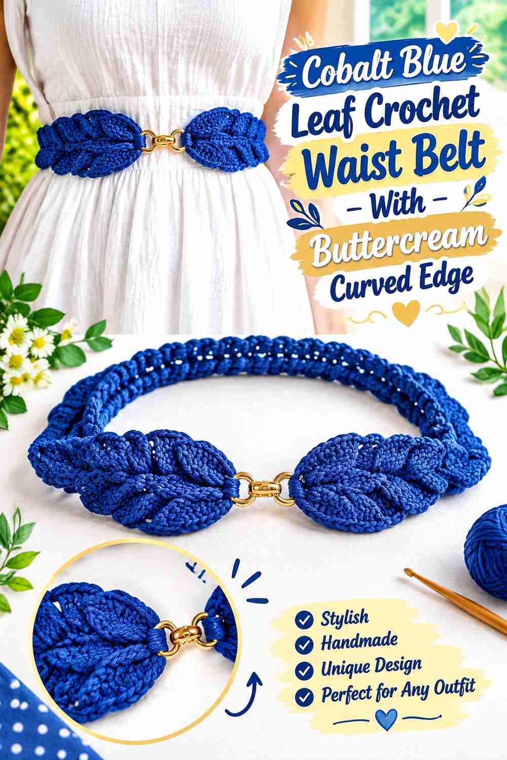 8. Cobalt Blue Leaf Crochet Waist Belt With Buttercream Curved Edge