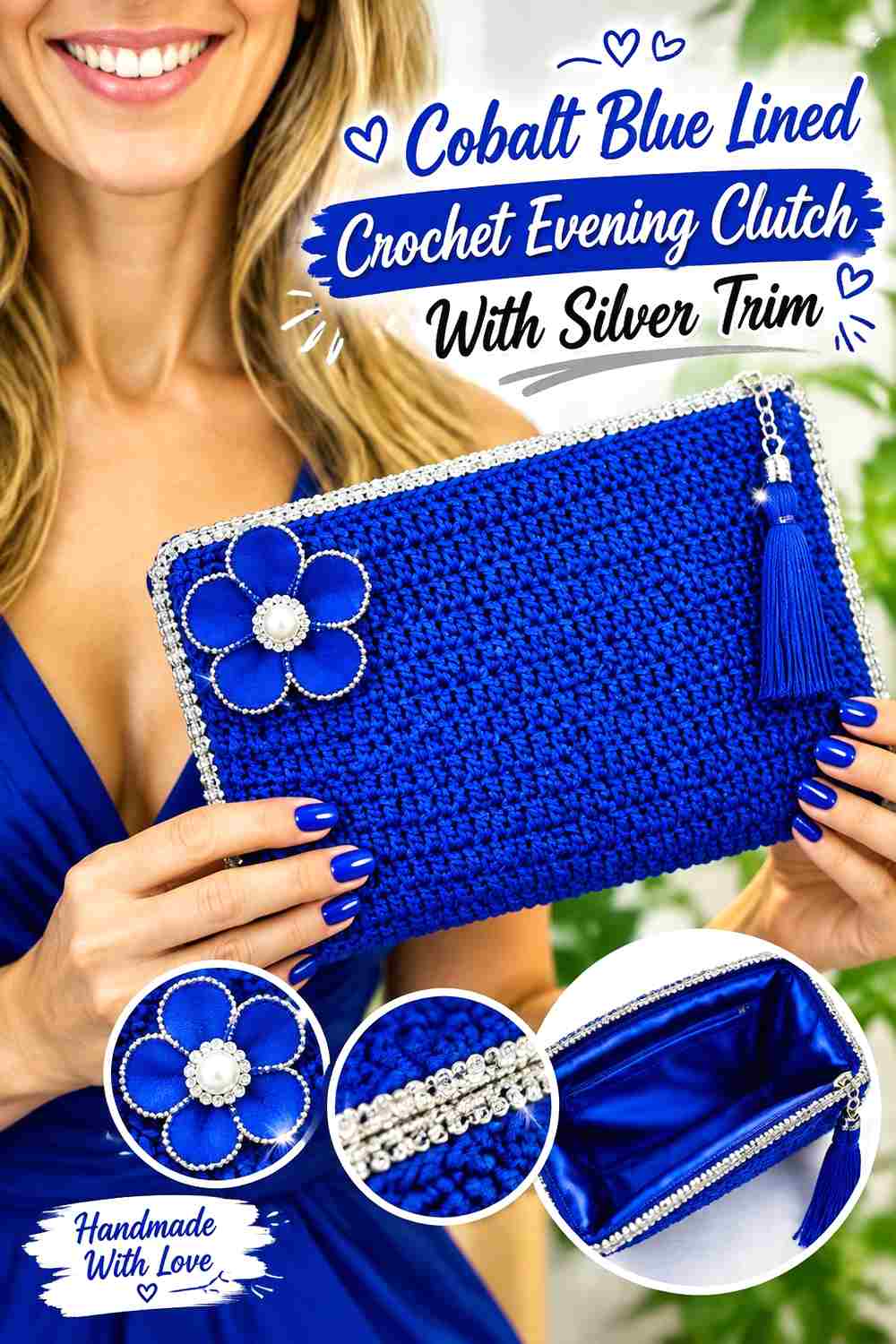 4. Cobalt Blue Lined Crochet Evening Clutch With Silver Trim