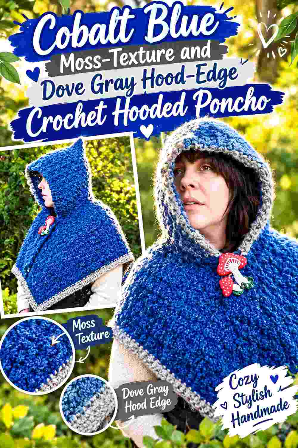 4. Cobalt Blue Moss Texture And Dove Gray Hood Edge Crochet Hooded Poncho