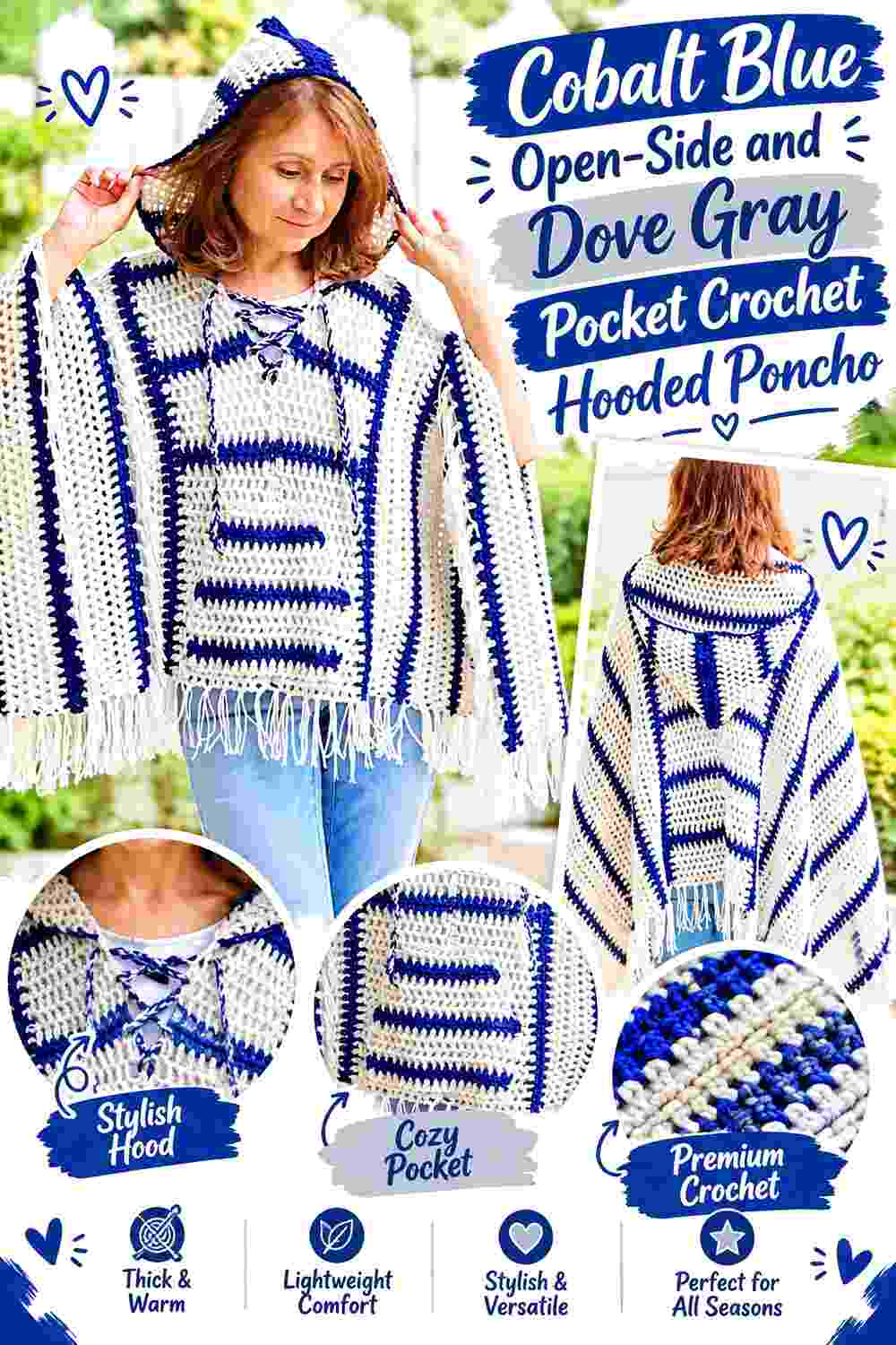 9. Cobalt Blue Open Side And Dove Gray Pocket Crochet Hooded Poncho