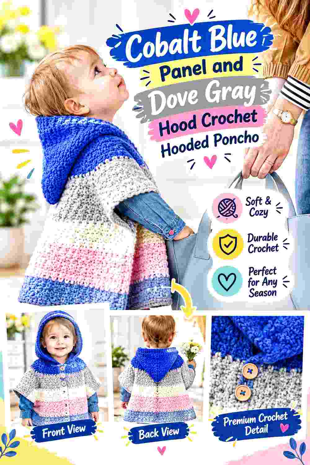 13. Cobalt Blue Panel And Dove Gray Hood Crochet Hooded Poncho