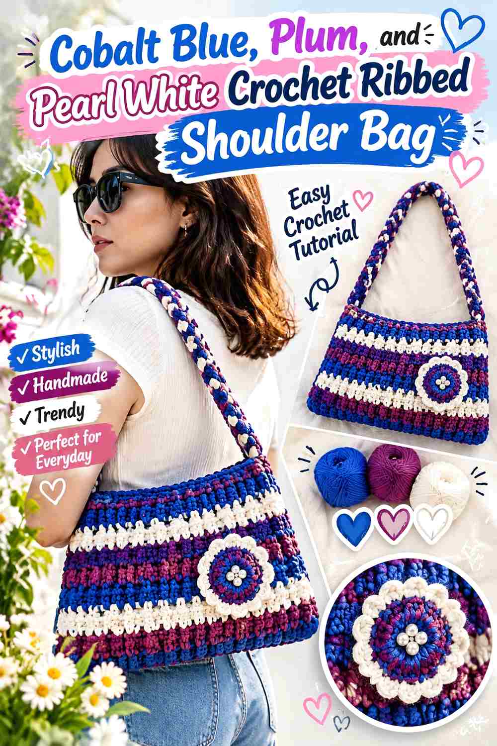 12. Cobalt Blue Plum And Pearl White Crochet Ribbed Shoulder Bag