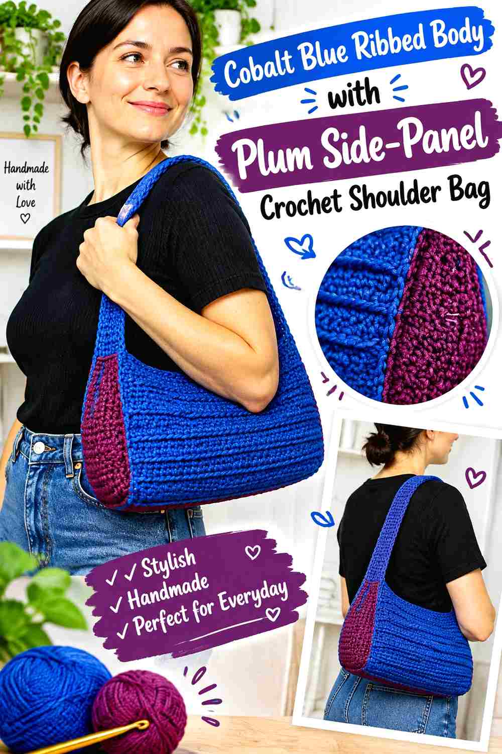 4. Cobalt Blue Ribbed Body With Plum Side Panel Crochet Shoulder Bag