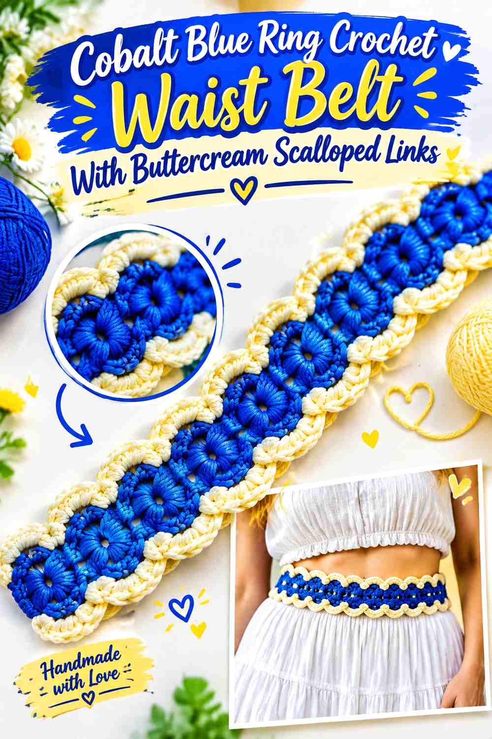 15. Cobalt Blue Ring Crochet Waist Belt With Buttercream Scalloped Links