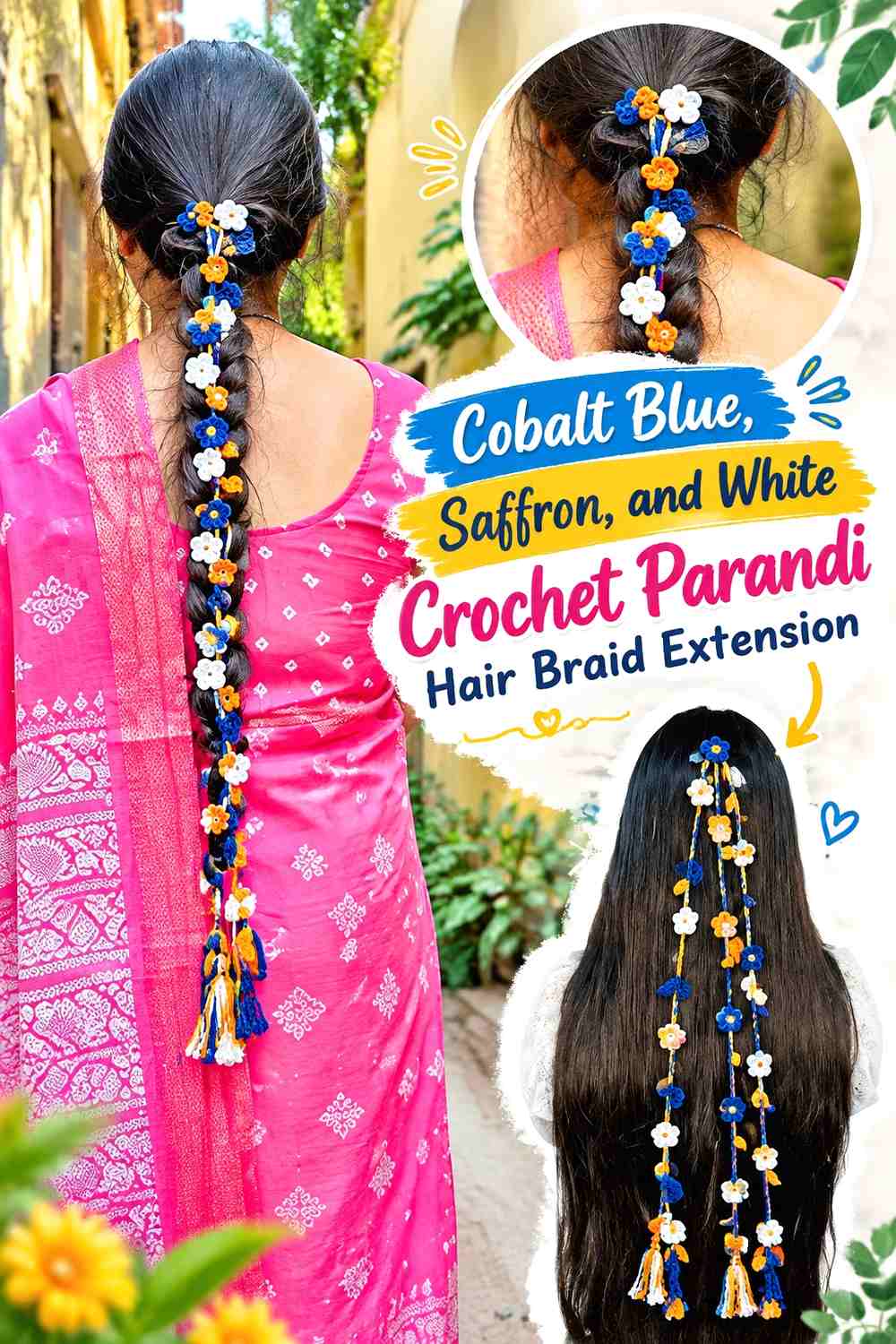 Cobalt Blue, Saffron, and White Crochet Parandi Hair Braid Extension