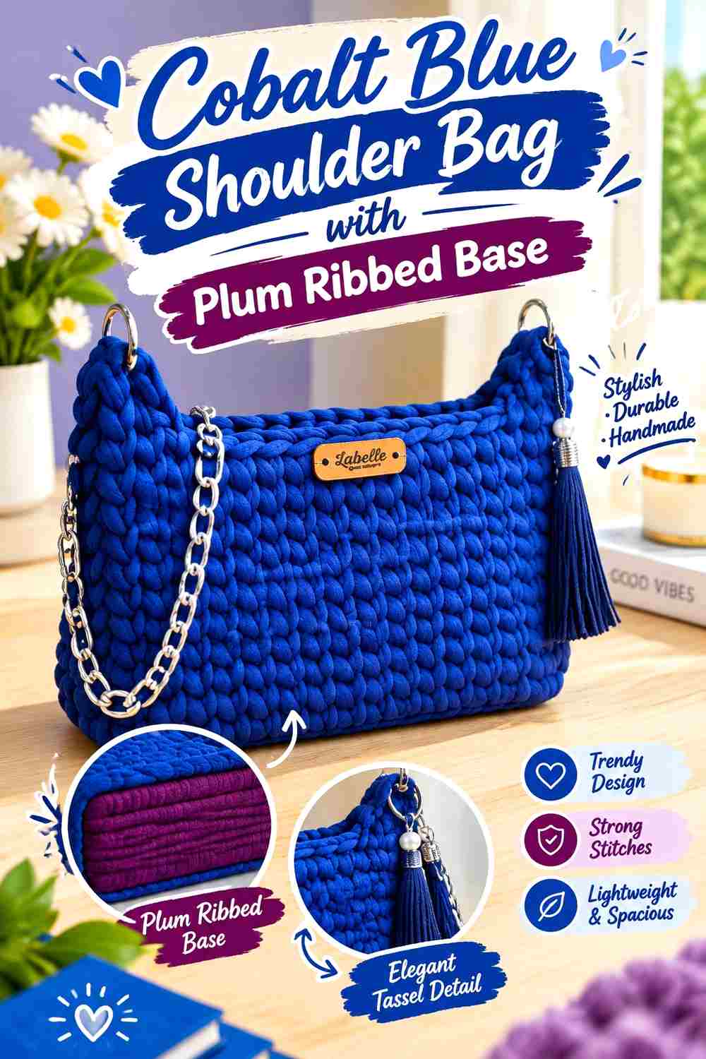 7. Cobalt Blue Shoulder Bag With Plum Ribbed Base