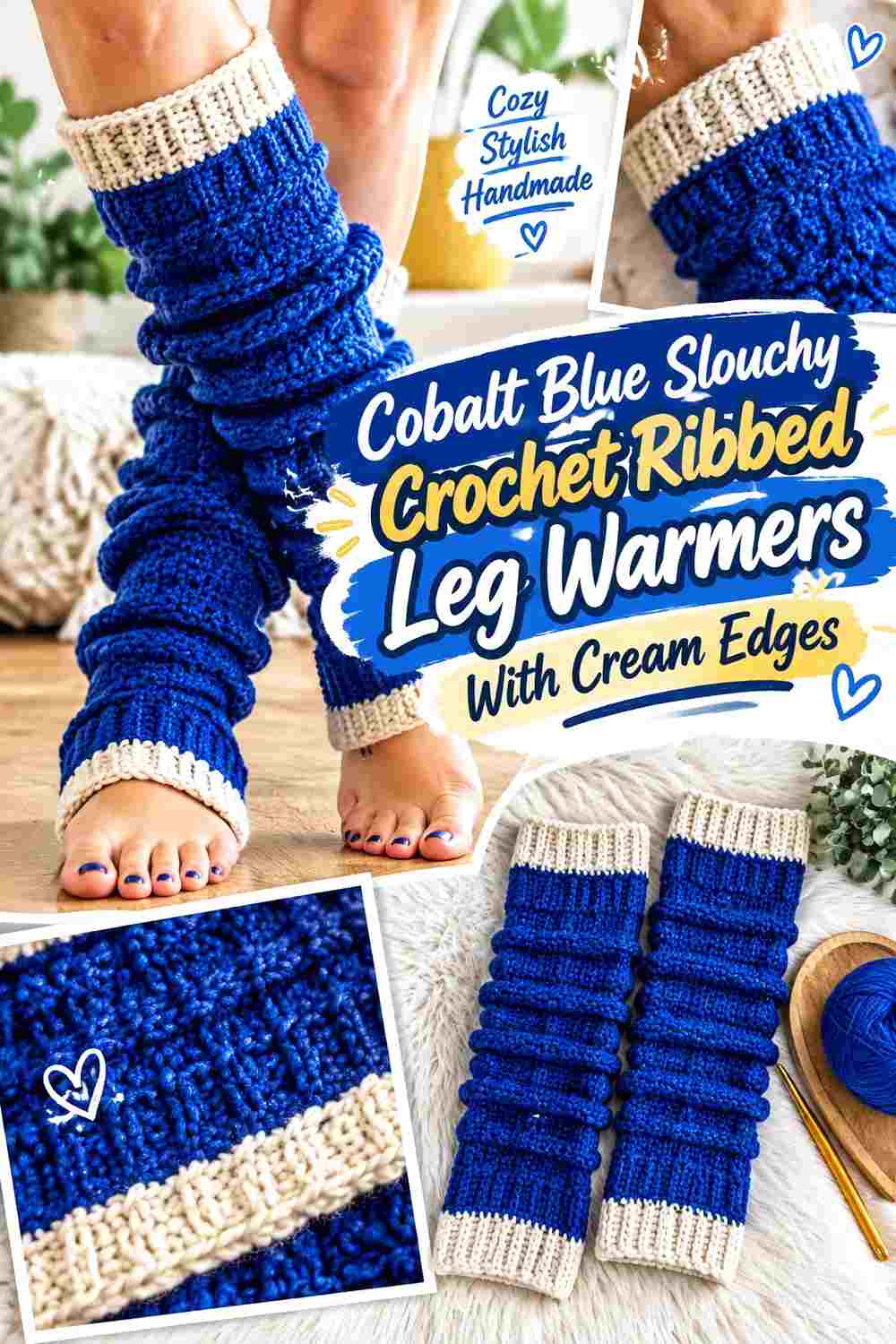 5. Cobalt Blue Slouchy Crochet Ribbed Leg Warmers With Cream Edges