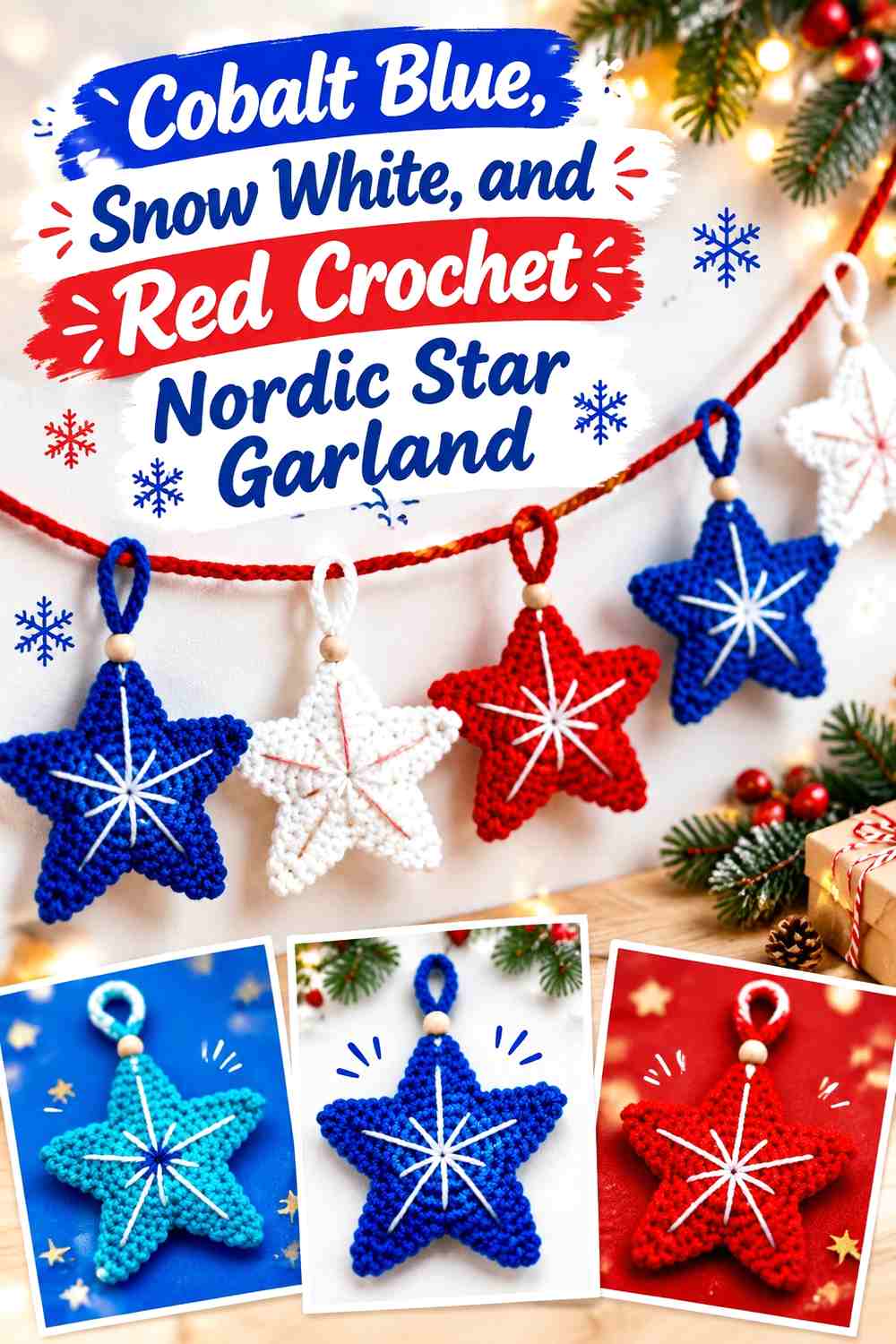 Cobalt Blue, Snow White, and Red Crochet Nordic Star Garland