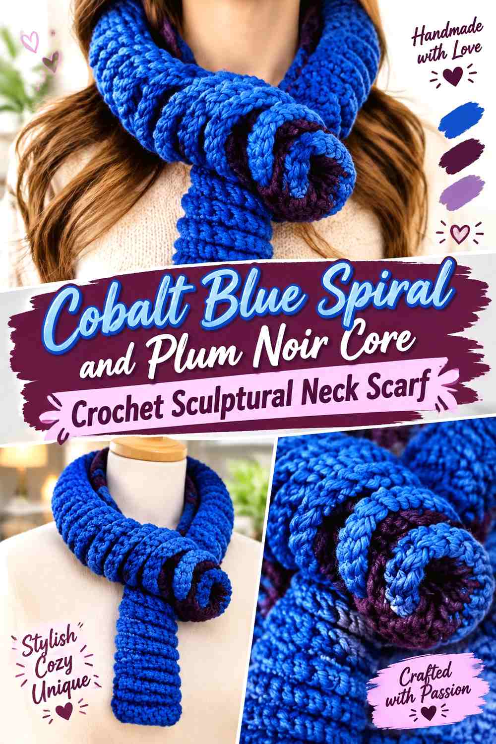 1. Cobalt Blue Spiral And Plum Noir Core Crochet Sculptural Neck Scarf