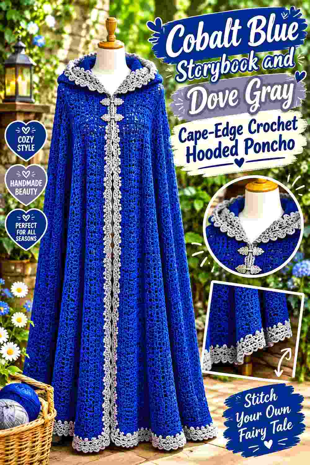 10. Cobalt Blue Storybook And Dove Gray Cape Edge Crochet Hooded Poncho