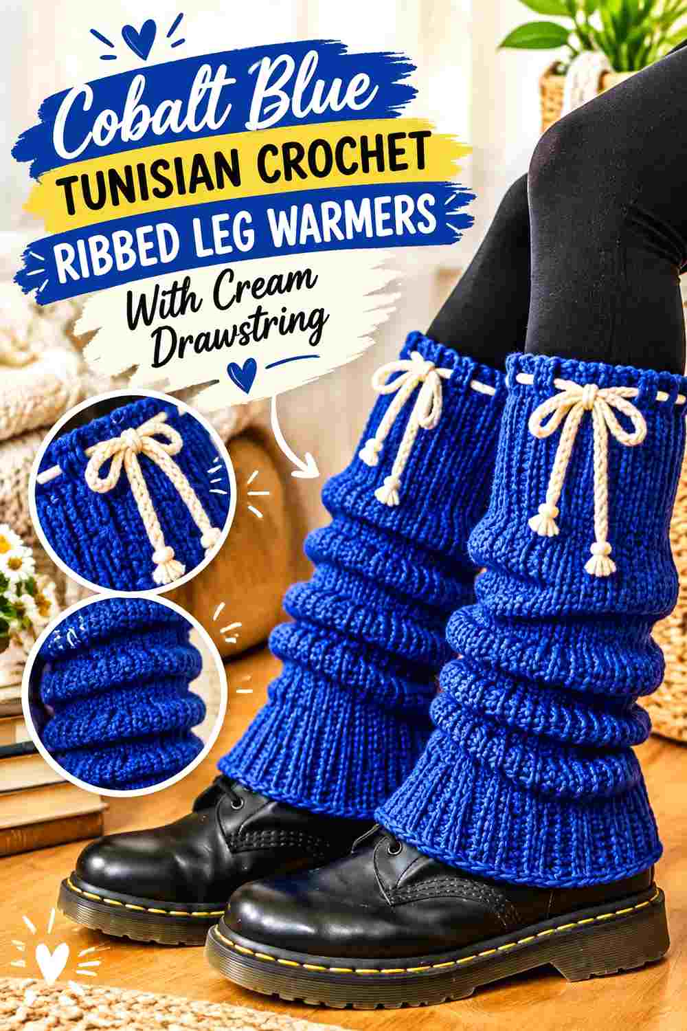 13. Cobalt Blue Tunisian Crochet Ribbed Leg Warmers With Cream Drawstring