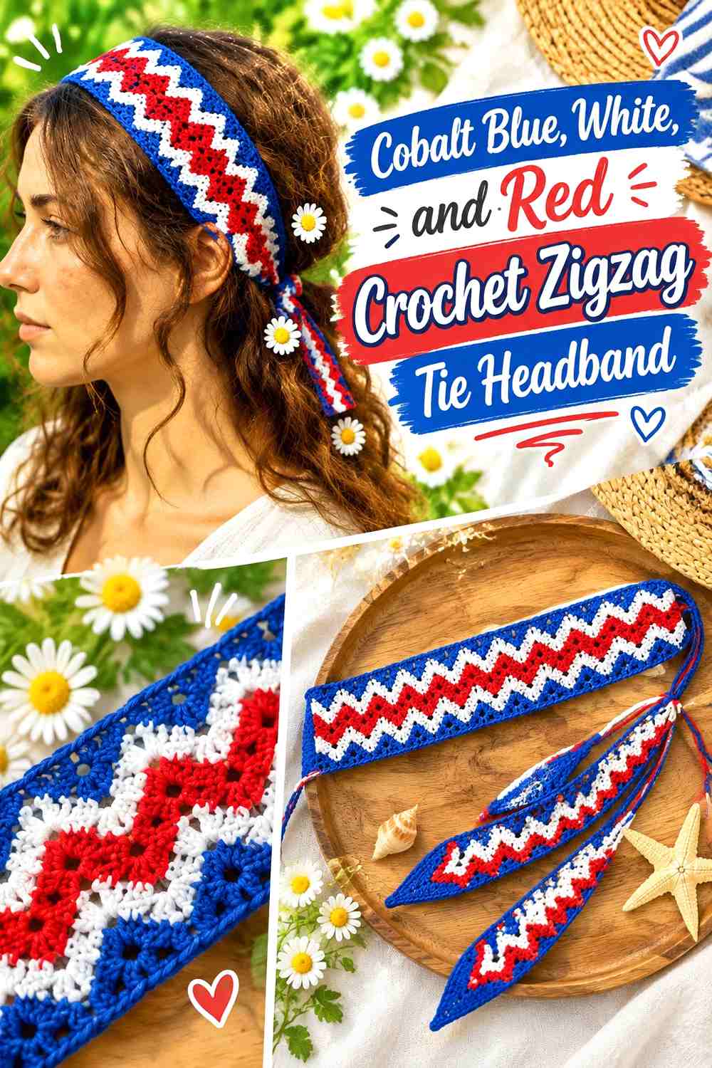 Cobalt Blue, White, and Red Crochet Zigzag Tie Headband