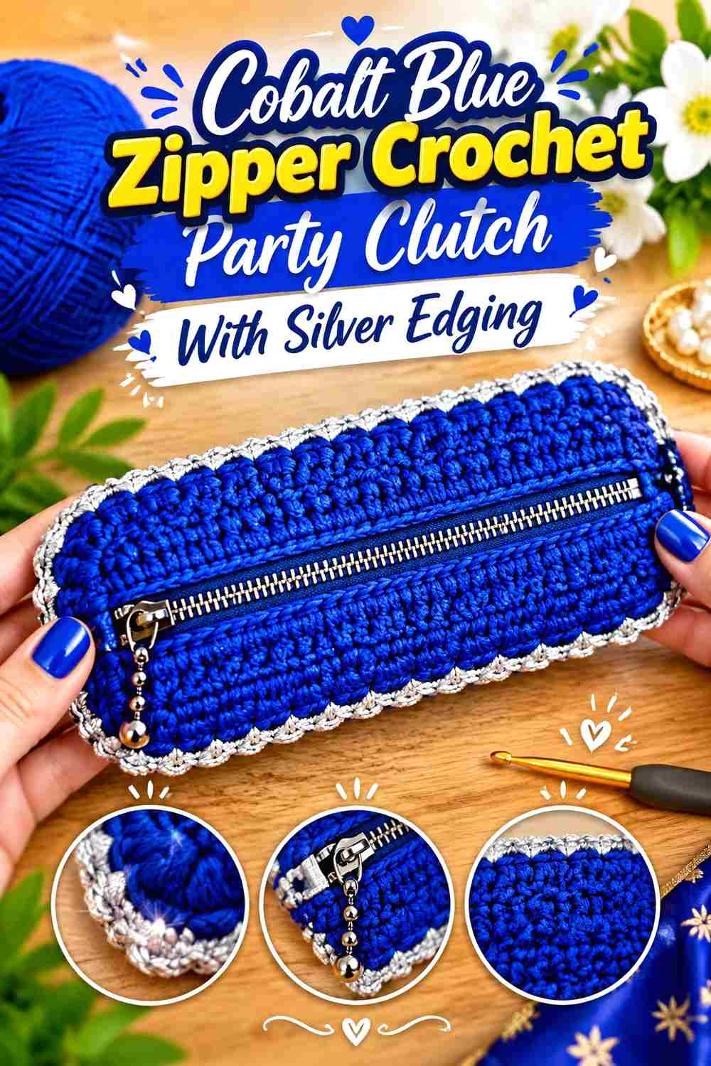 3. Cobalt Blue Zipper Crochet Party Clutch With Silver Edging