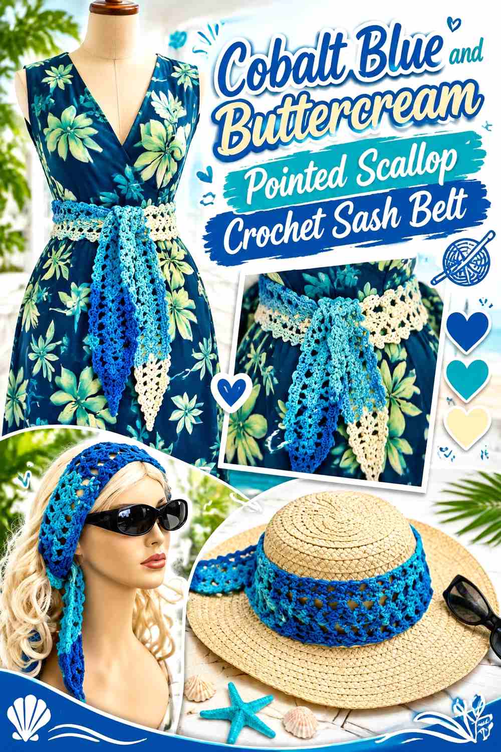 16. Cobalt Blue And Buttercream Pointed Scallop Crochet Sash Belt