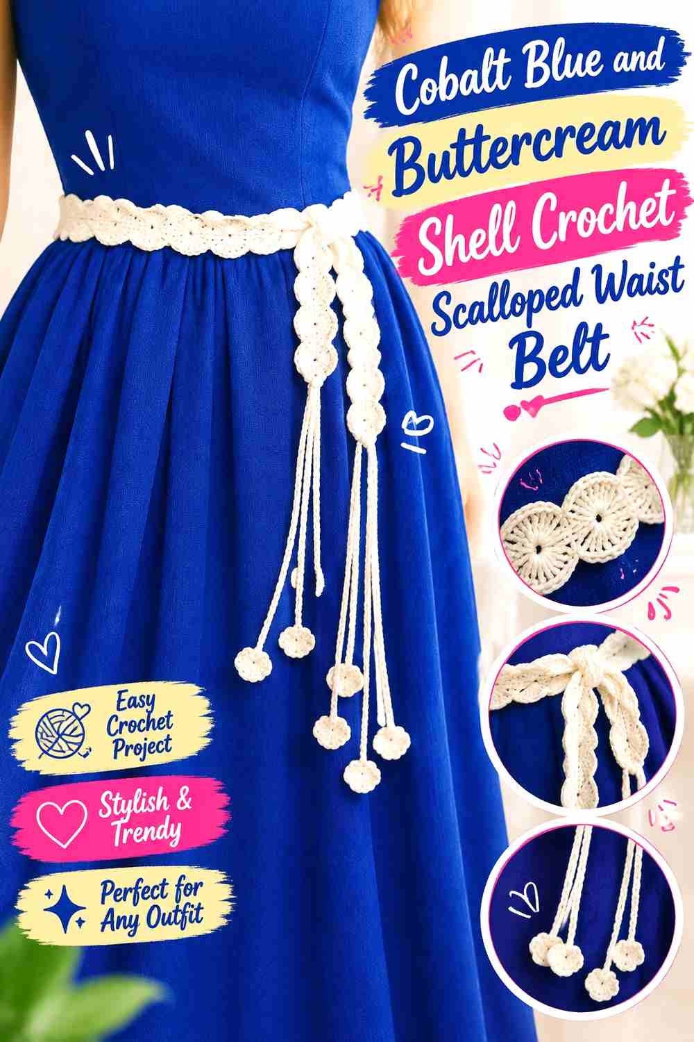 2. Cobalt Blue And Buttercream Shell Crochet Scalloped Waist Belt