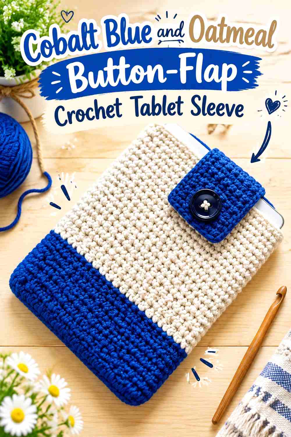 3. Cobalt Blue And Oatmeal Button Flap Crochet Tablet Sleeve