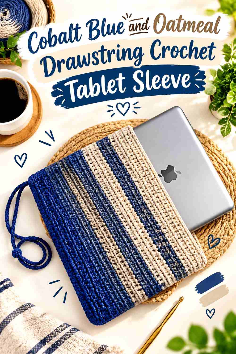 9. Cobalt Blue And Oatmeal Drawstring Crochet Tablet Sleeve