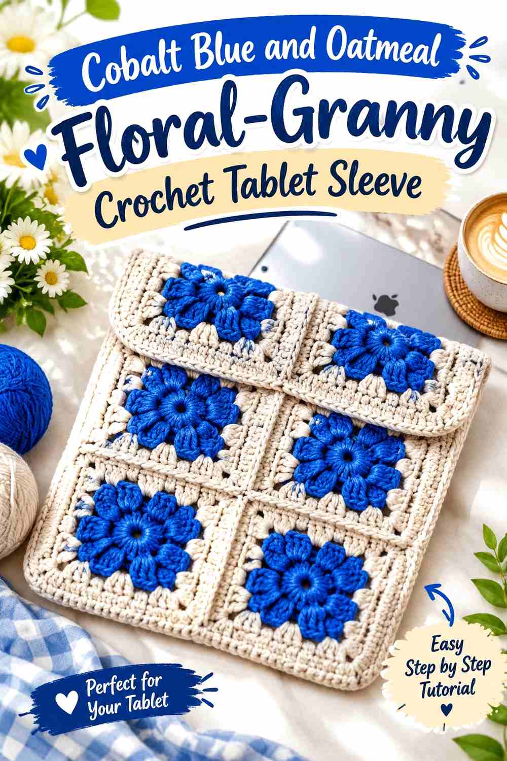 13. Cobalt Blue And Oatmeal Floral Granny Crochet Tablet Sleeve