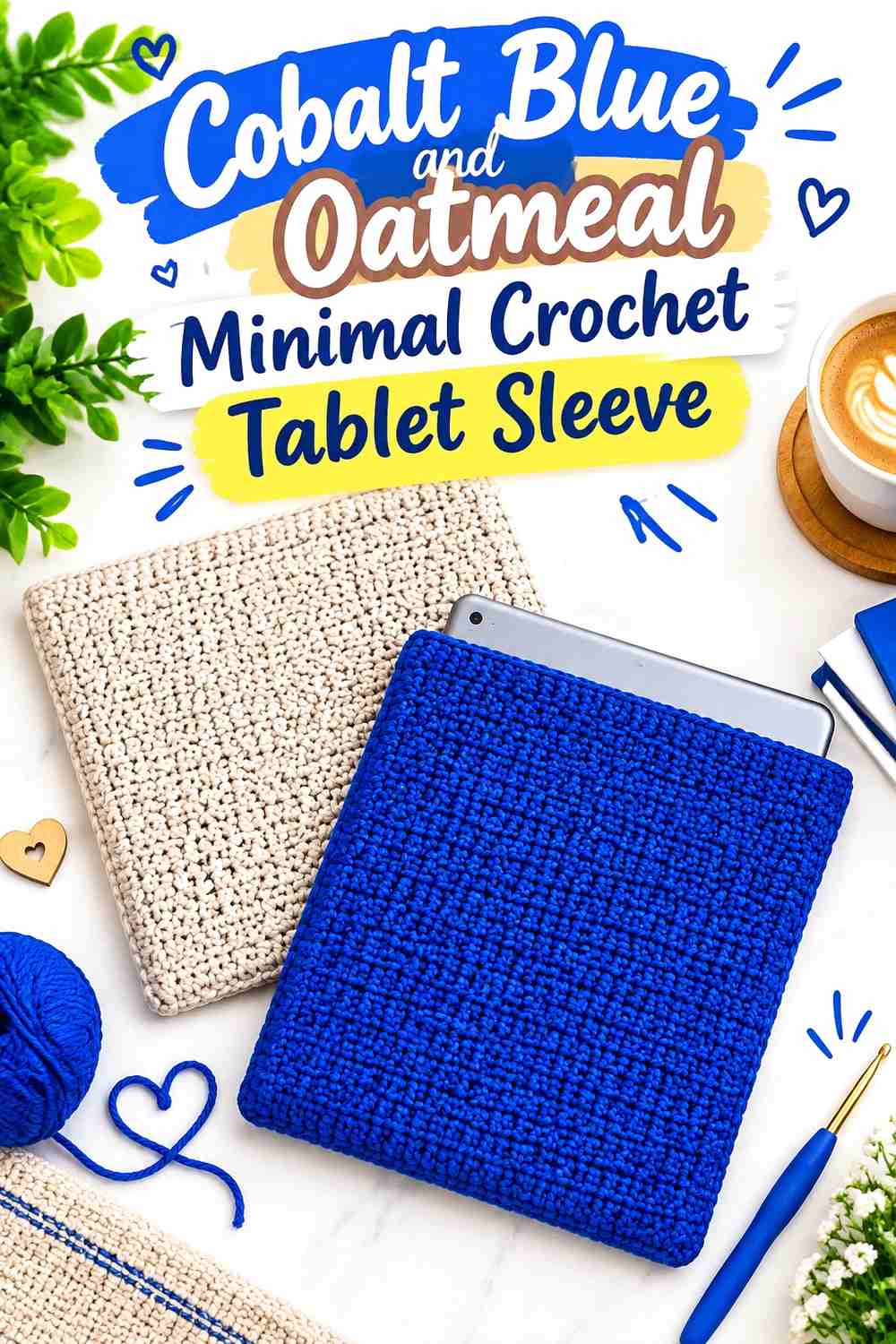 7. Cobalt Blue And Oatmeal Minimal Crochet Tablet Sleeve
