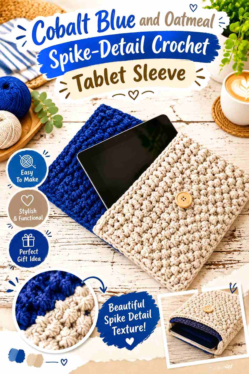 1. Cobalt Blue And Oatmeal Spike Detail Crochet Tablet Sleeve