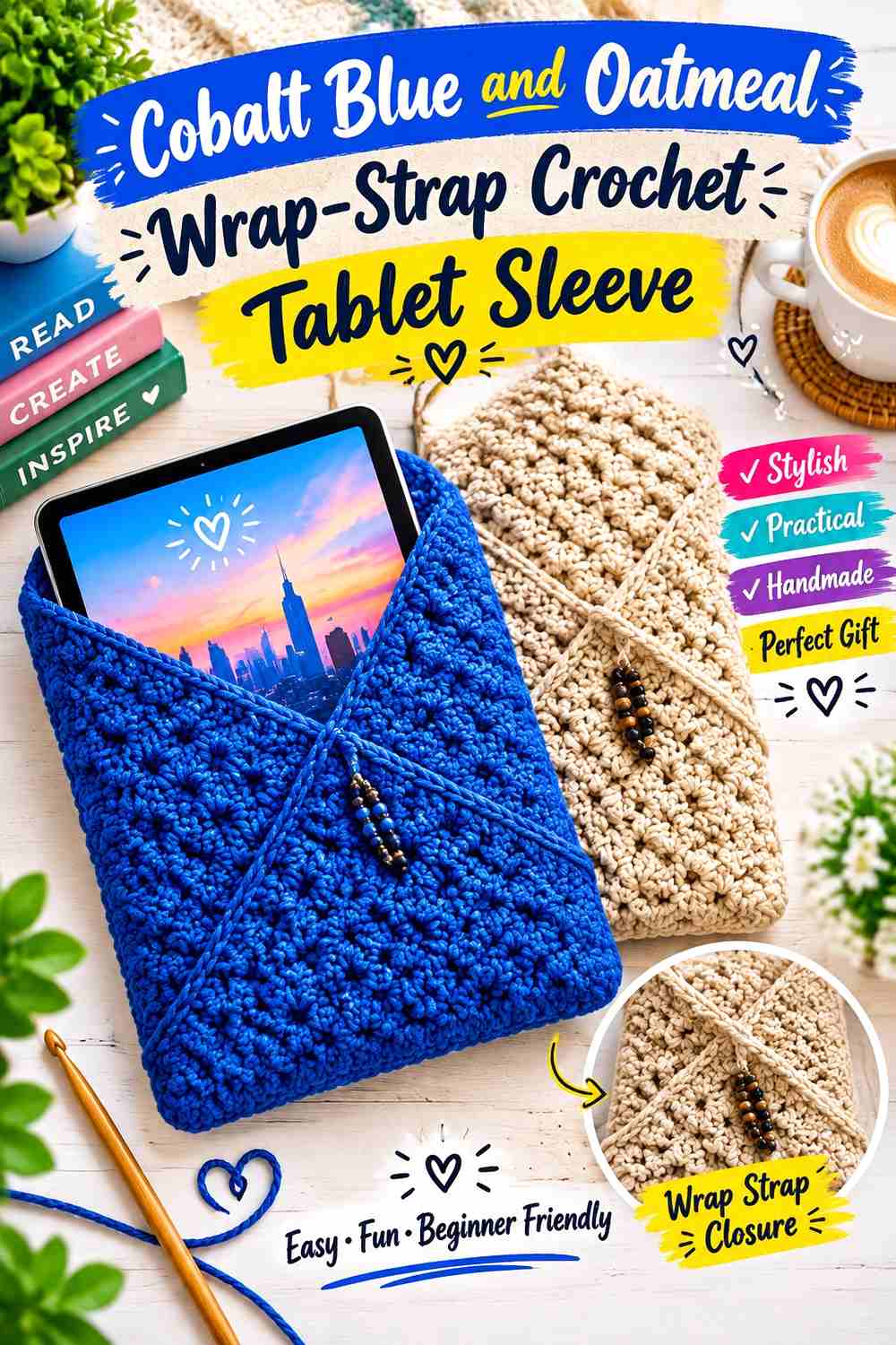 15. Cobalt Blue And Oatmeal Wrap Strap Crochet Tablet Sleeve