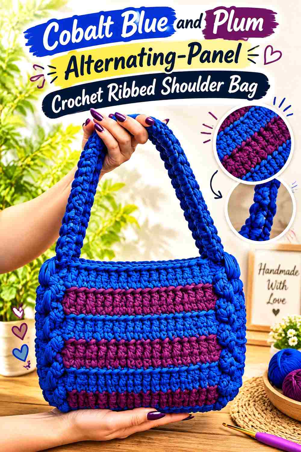 9. Cobalt Blue And Plum Alternating Panel Crochet Ribbed Shoulder Bag