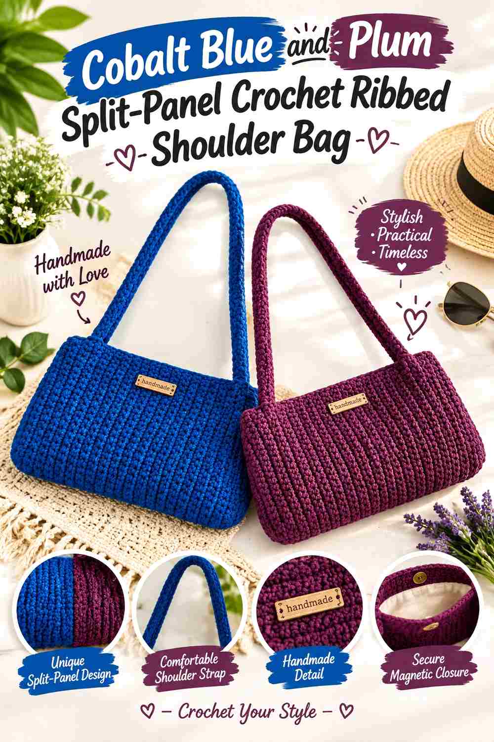 3. Cobalt Blue And Plum Split Panel Crochet Ribbed Shoulder Bag