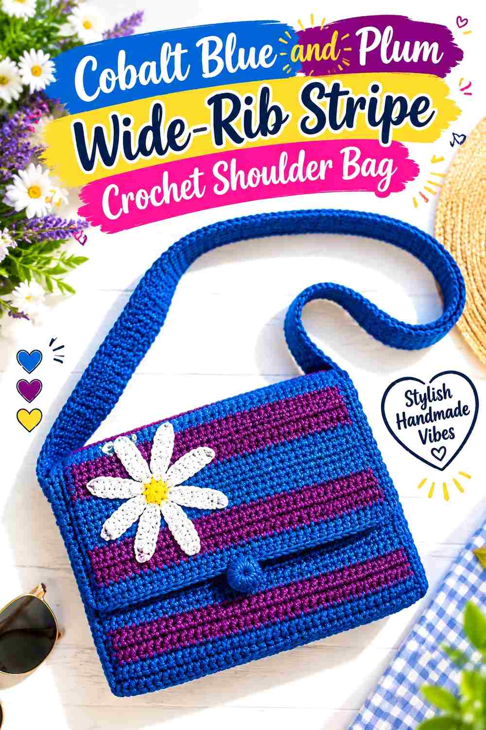 6. Cobalt Blue And Plum Wide Rib Stripe Crochet Shoulder Bag