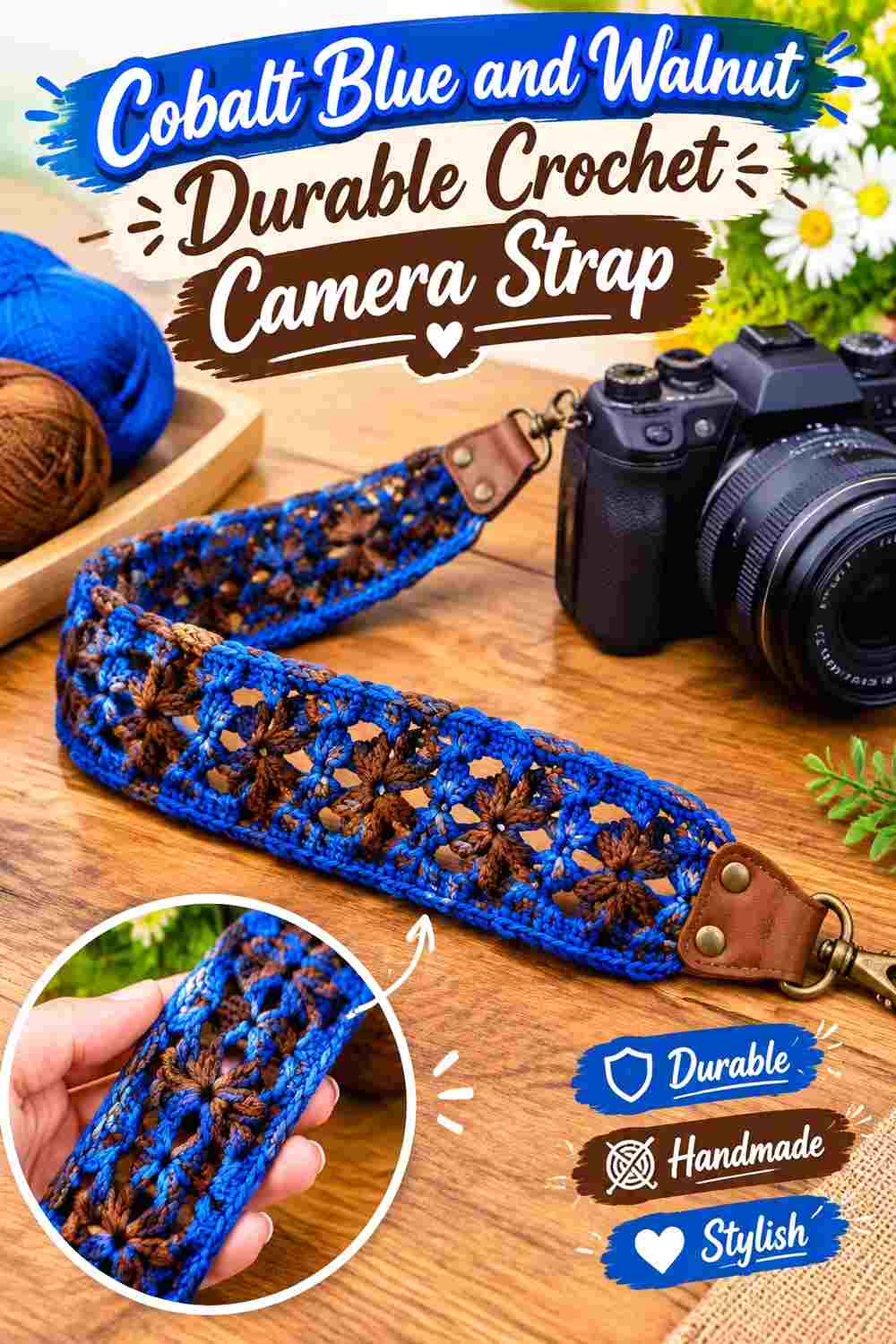 13. Cobalt Blue And Walnut Durable Crochet Camera Strap