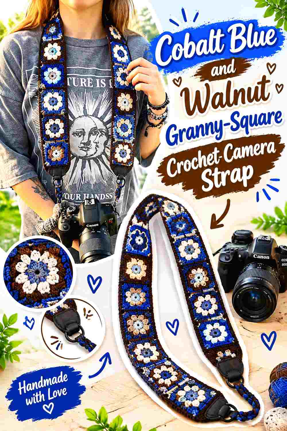 3. Cobalt Blue And Walnut Granny Square Crochet Camera Strap