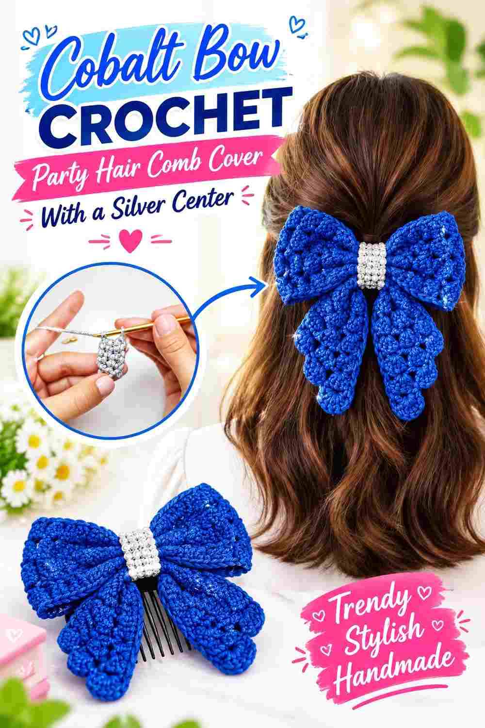 7. Cobalt Bow Crochet Party Hair Comb Cover With A Silver Center