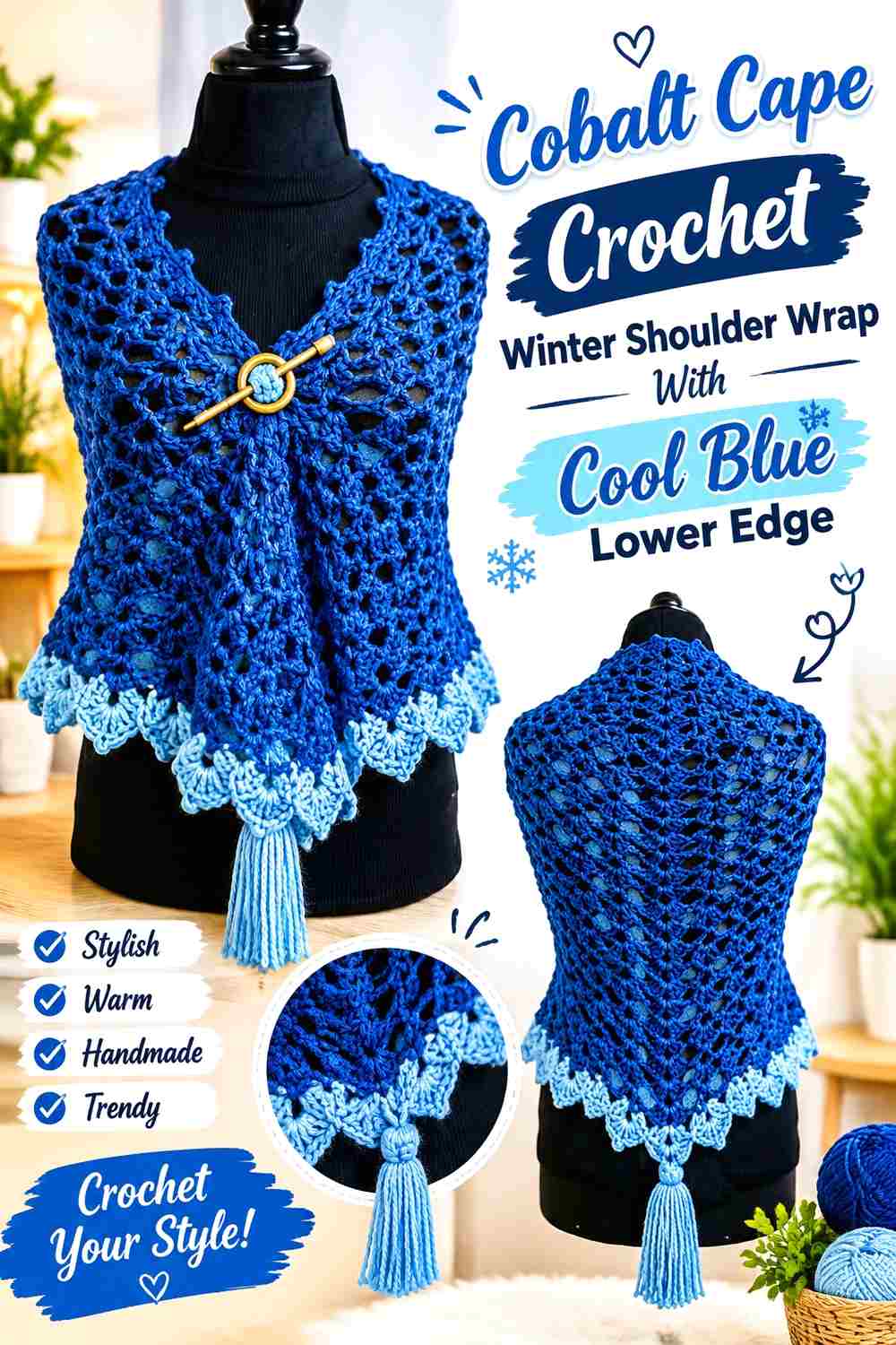 8. Cobalt Cape Crochet Winter Shoulder Wrap With Cool Blue Lower Edge