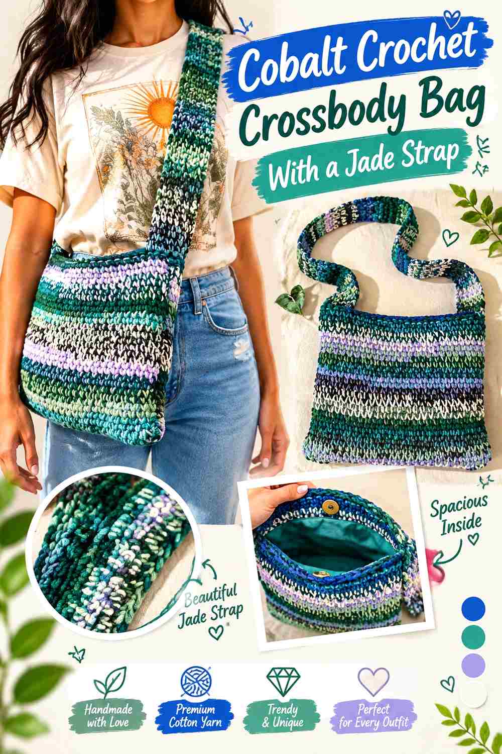 11. Cobalt Crochet Crossbody Bag With A Jade Strap