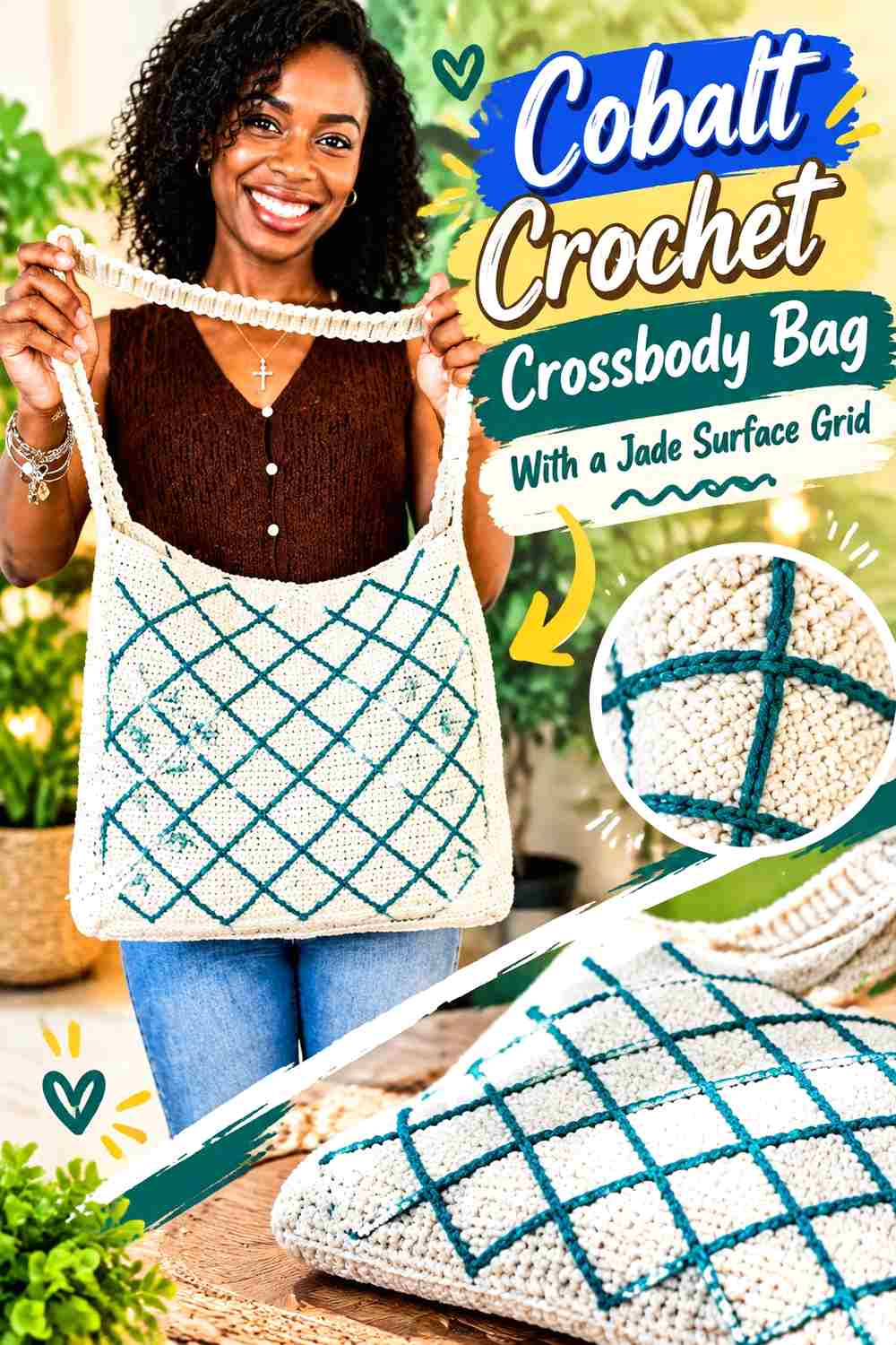 16. Cobalt Crochet Crossbody Bag With A Jade Surface Grid