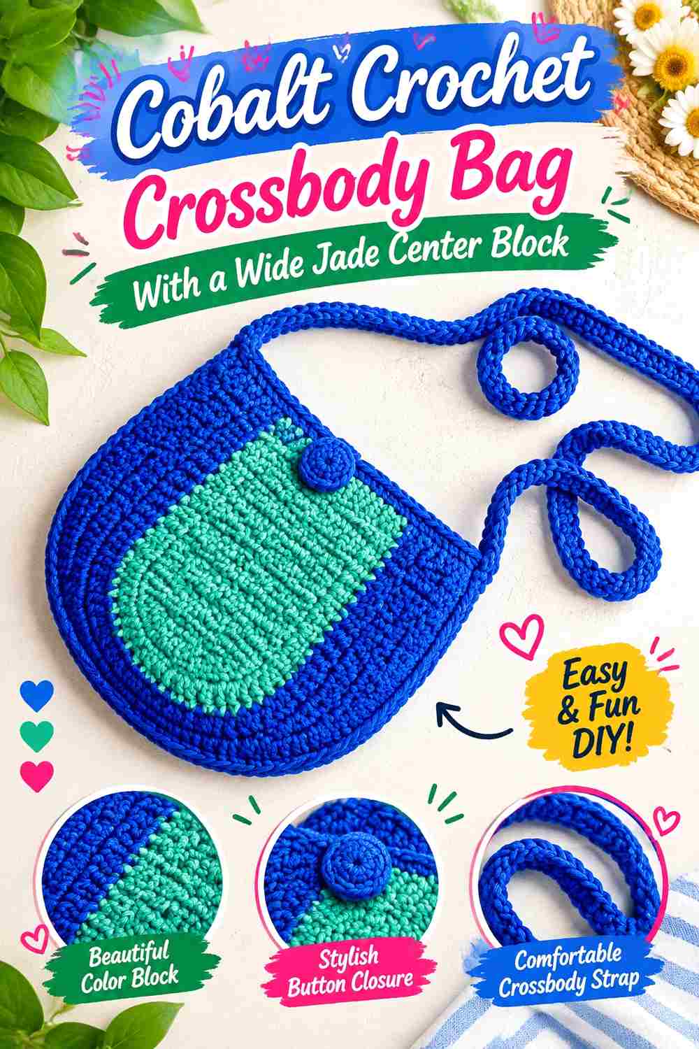 8. Cobalt Crochet Crossbody Bag With A Wide Jade Center Block