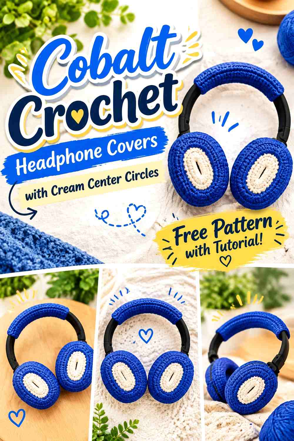 4. Cobalt Crochet Headphone Covers With Cream Center Circles