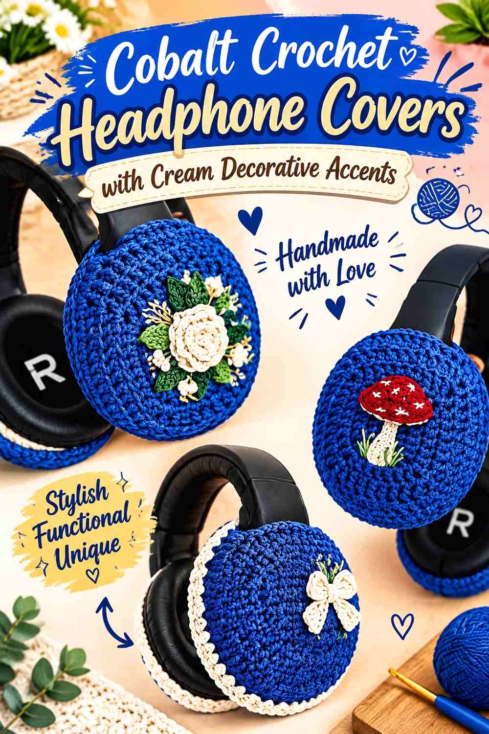 7. Cobalt Crochet Headphone Covers With Cream Decorative Accents