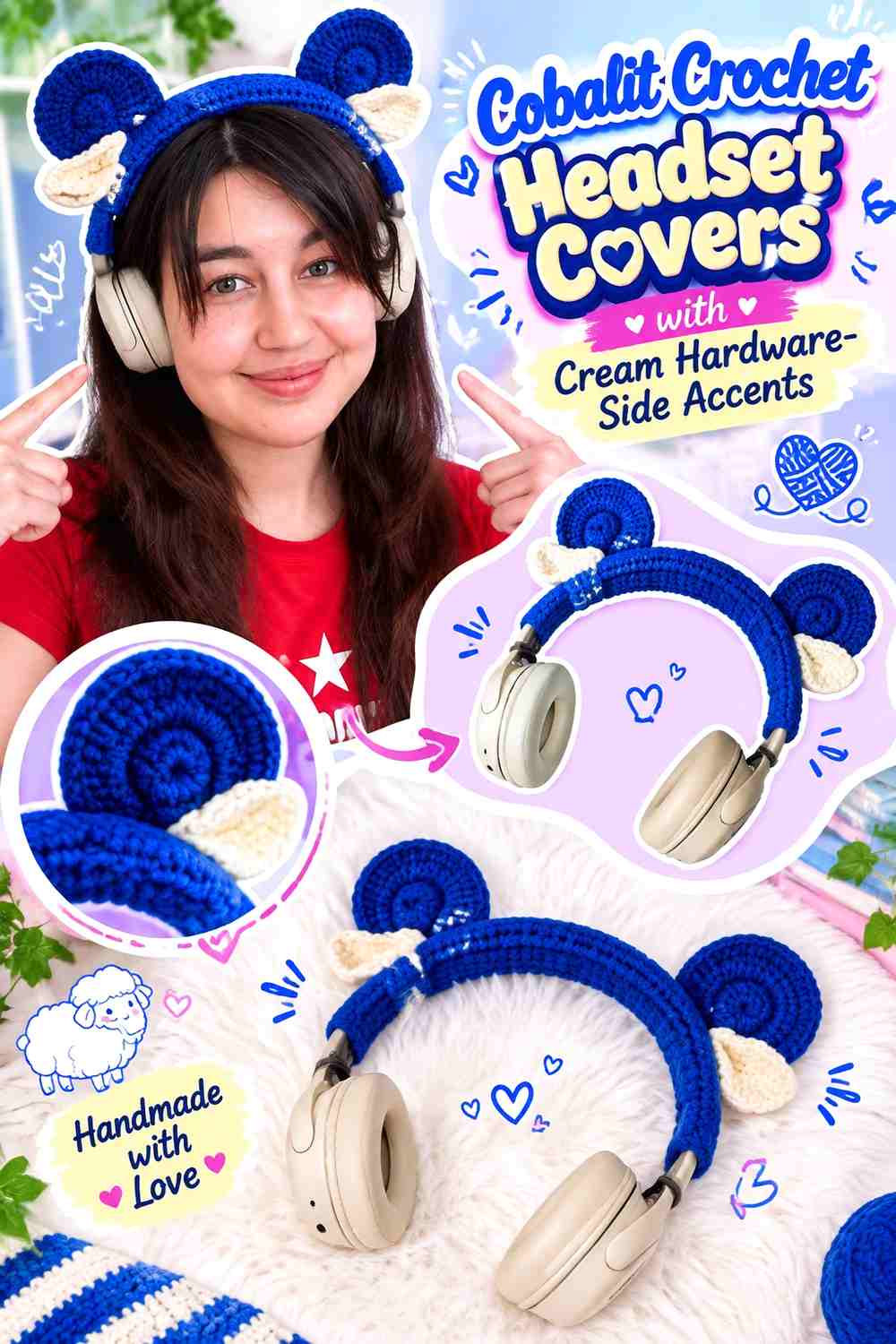 10. Cobalt Crochet Headset Covers With Cream Hardware Side Accents