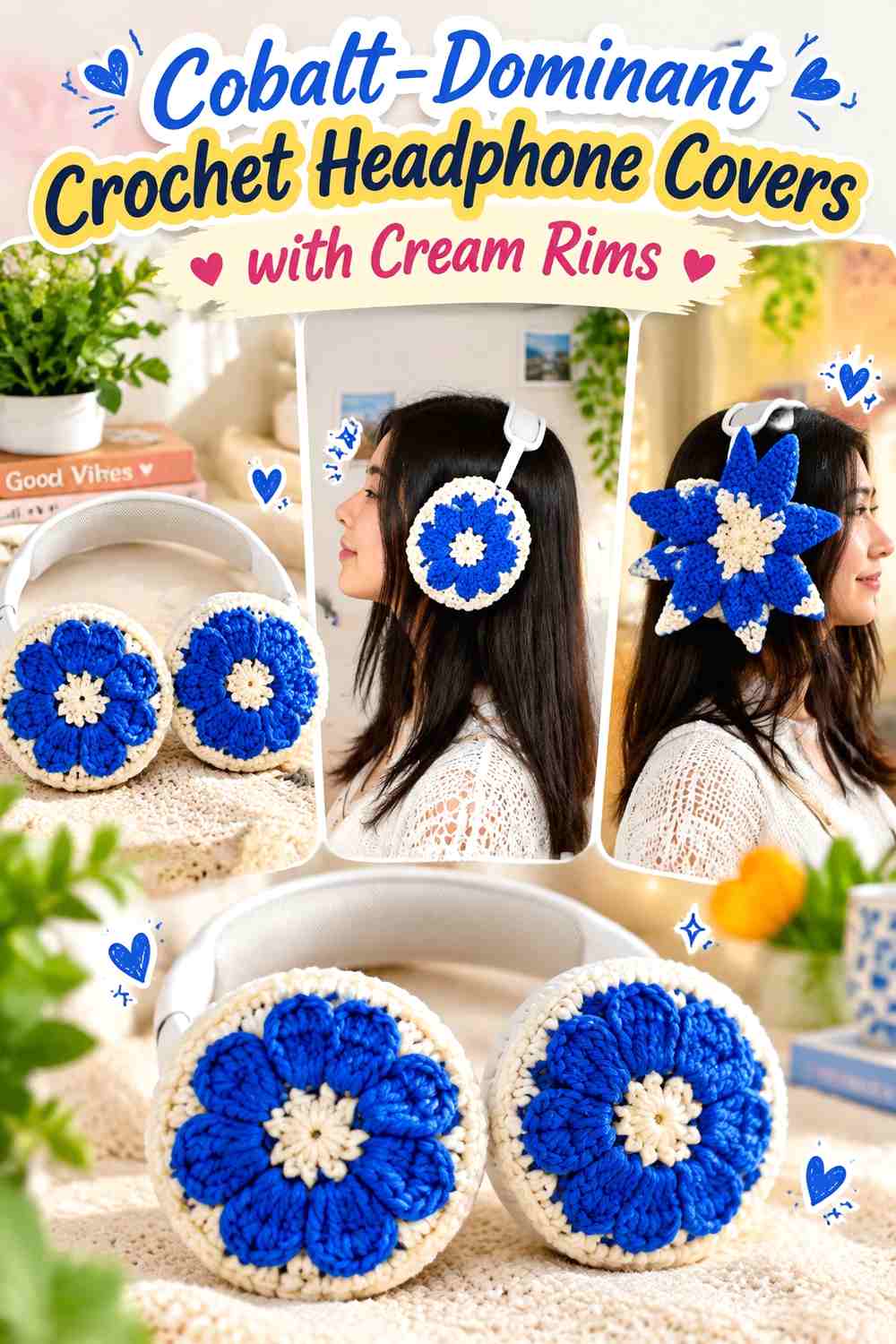 1. Cobalt Dominant Crochet Headphone Covers With Cream Rims
