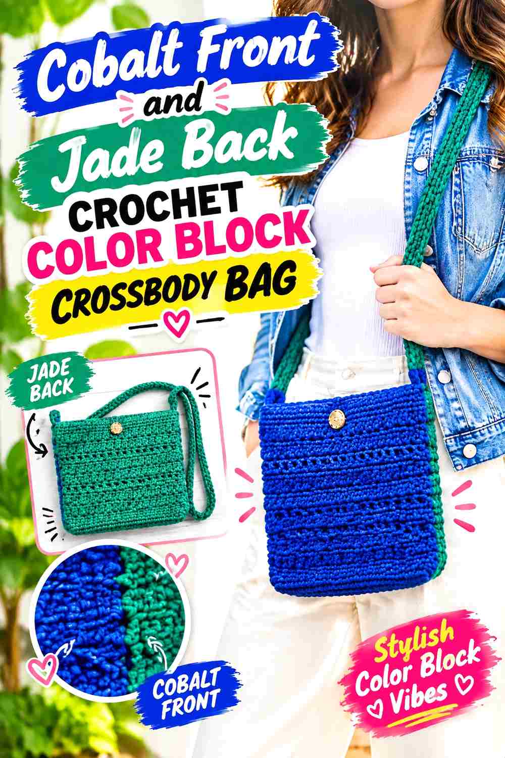 1. Cobalt Front And Jade Back Crochet Color Block Crossbody Bag